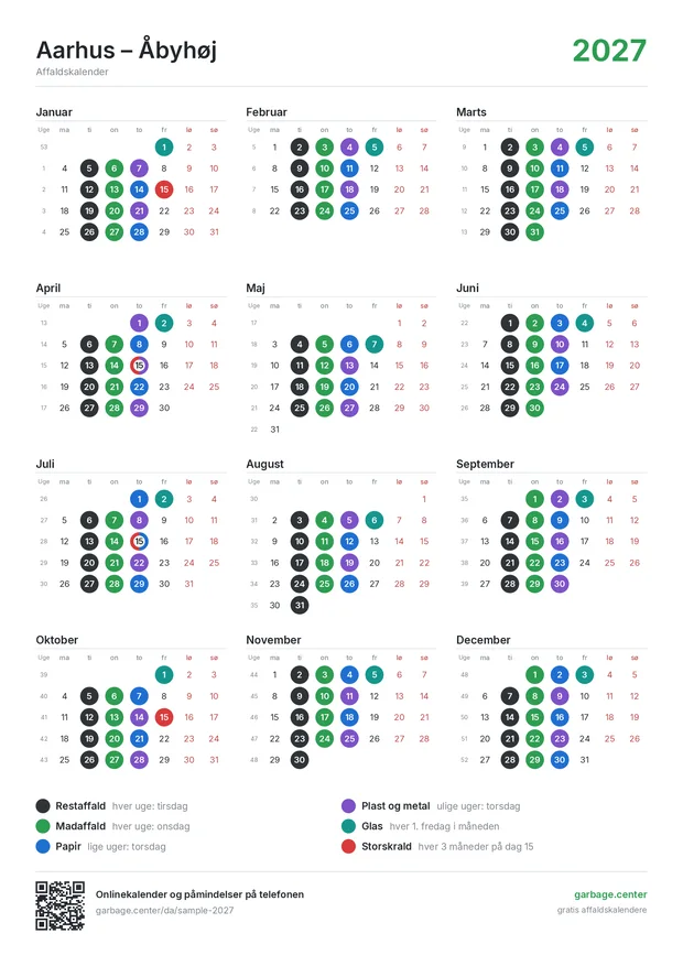 Eksempel på en udskrevet affaldsindsamlingskalender