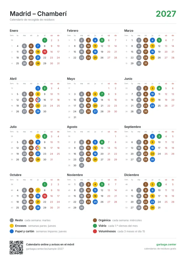 Ejemplo de un calendario de recogida de residuos impreso