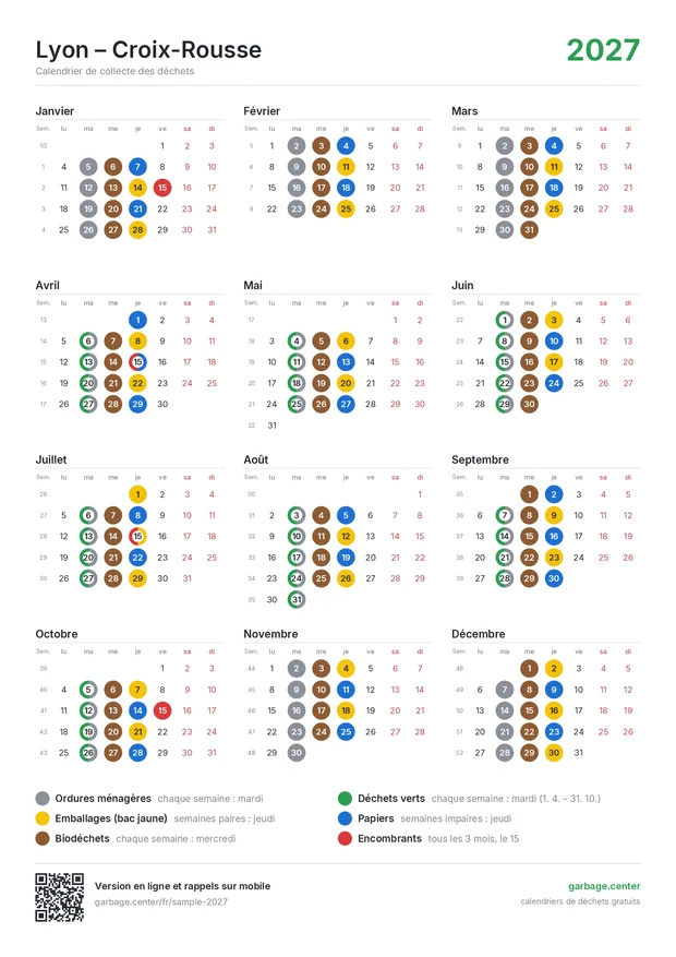 Exemple de calendrier de collecte des déchets imprimé