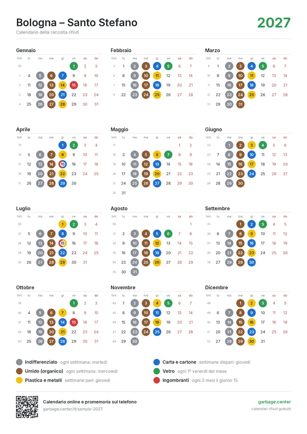 Esempio di calendario di raccolta rifiuti stampato