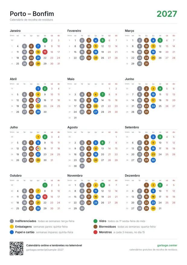 Exemplo de um calendário impresso de recolha de resíduos