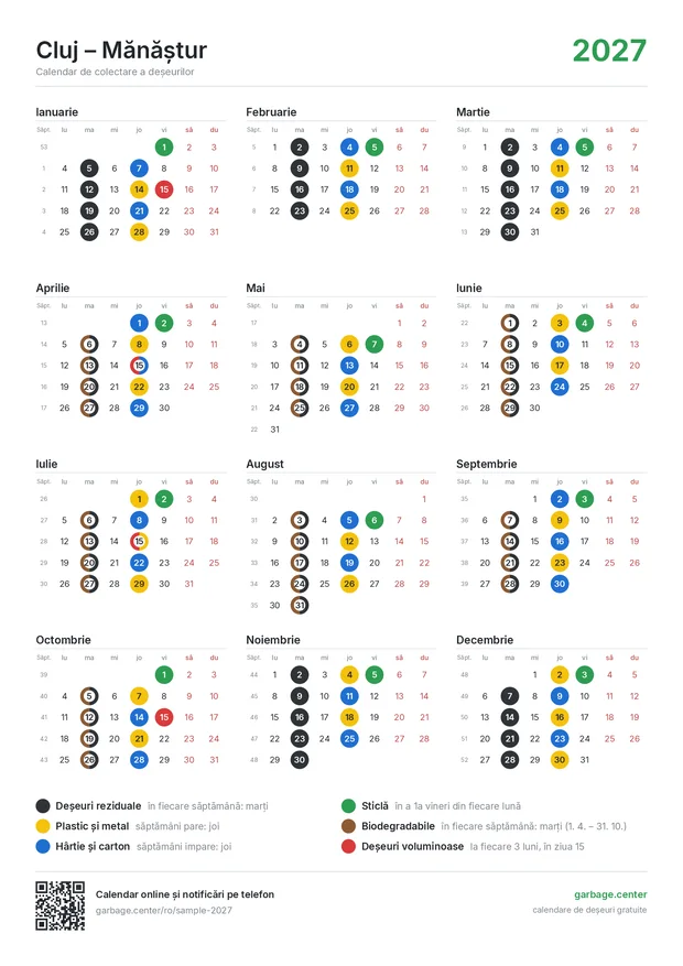 Exemplu de calendar tipărit de colectare a deșeurilor