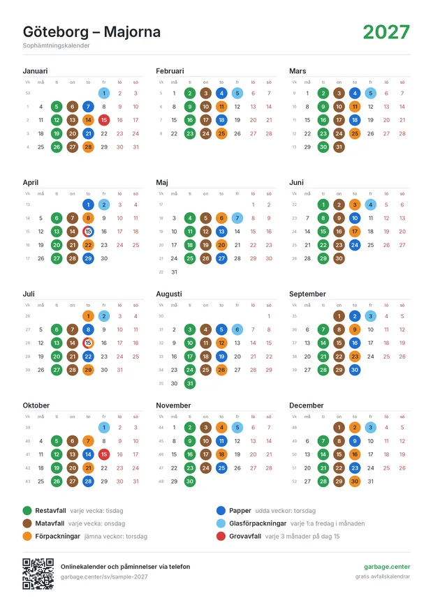Exempel på en utskriven avfallshämtningskalender